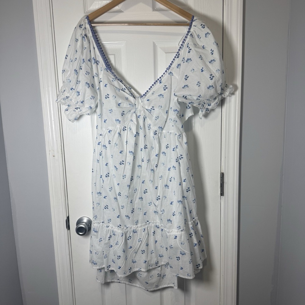 Simply Southern Floral Mini Dress Womens XXL White Blue Cottagecore Cutout Back